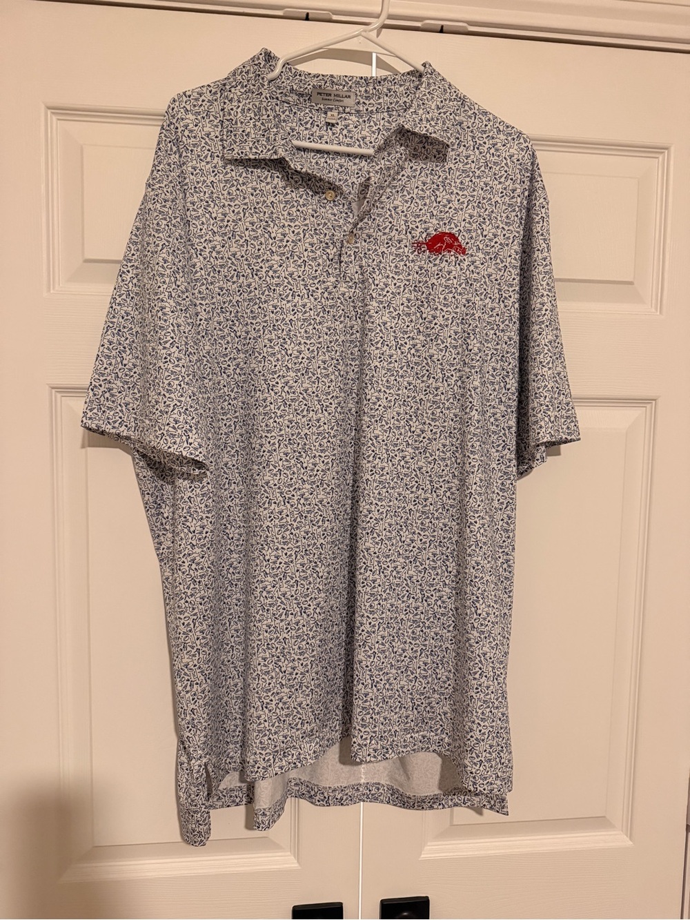 Peter Millar White Polo with Blue Micro-Print and Red Logo-Razorbacks